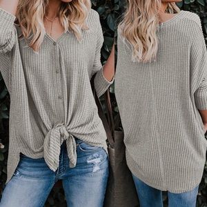 - ✨THE WAFFLE KNIT KNOT HENLEY TOP IN GRAY NWT*✨
